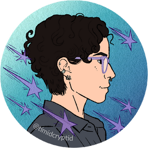 A self-portrait in profile of M, a person with dark curly hair cut short, glasses, several ear piercings, and a nose ring.